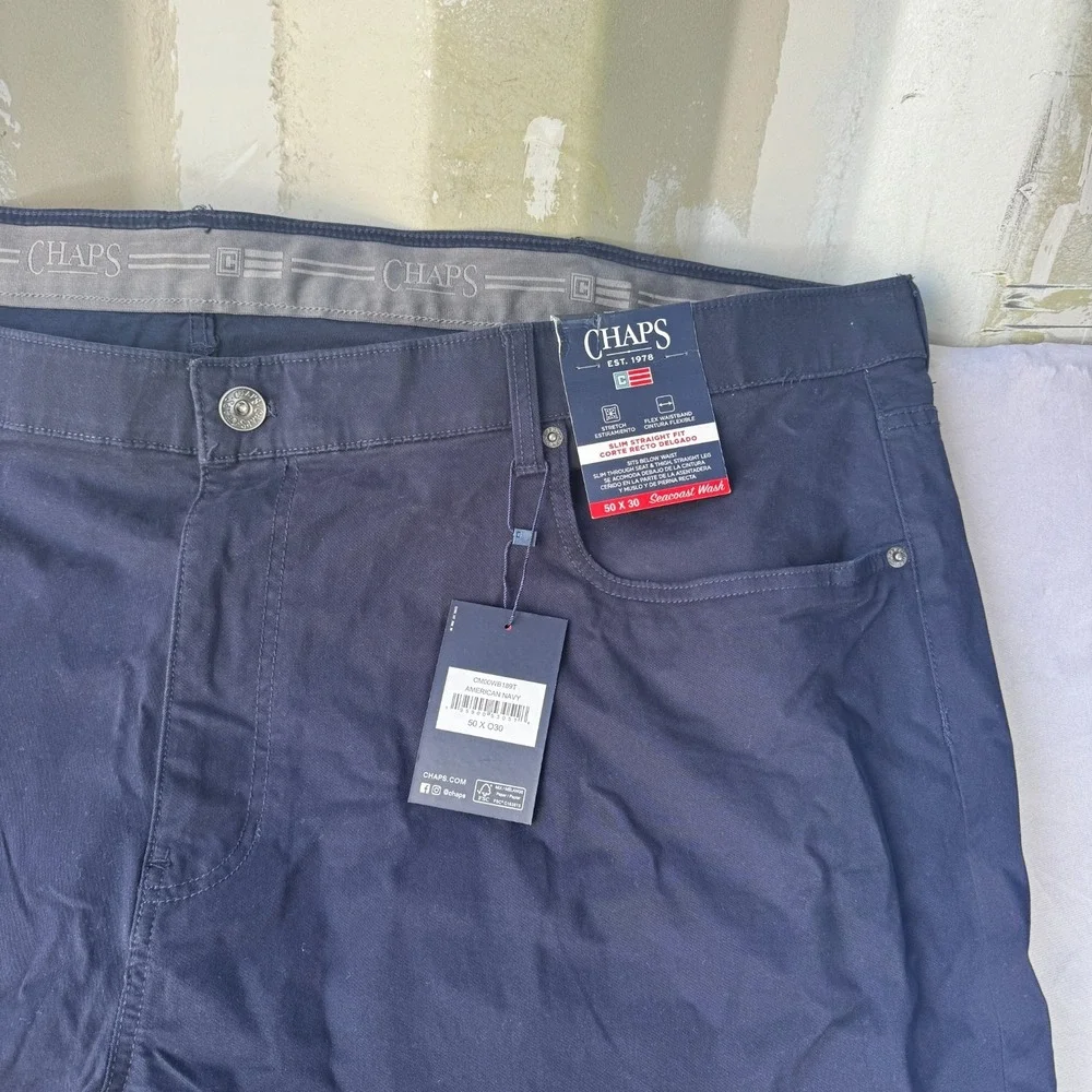Chaps Chino Pants Mens 50x30 Navy Blue Cotton Stretch Slim Fit Straight Leg